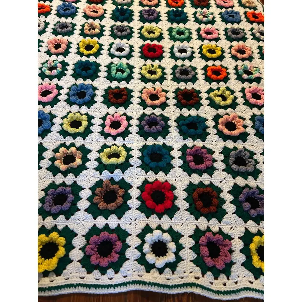 Boho Crochet Throw Blanket‎ Vintage Granny Square Afghan Cottagecore multicolor